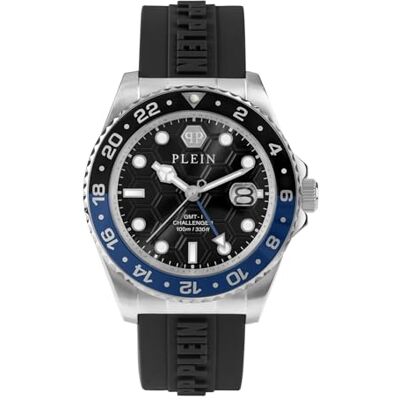 PWYBA0123 Philipp Plein Męski zegarek analogowy kwarcowy GMT-I Challenger, srebrny/niebieski/silikon , Nowoczesny PWYBA0123 Philipp Plein Męski zegarek analogowy kwarcowy GMT-I Challenger, srebrny/niebieski/silikon , Nowoczesny