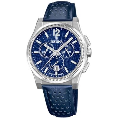 F20060/2 Festina Męski zegarek Swiss Made Classics Szary skórzany pasek ze stali nierdzewnej Niebieski, Niebieski F20060/2 Festina Męski zegarek Swiss Made Classics Szary skórzany pasek ze stali nierdzewnej Niebieski, Niebieski