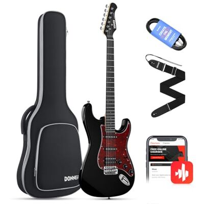 Donner Zestaw gitary elektrycznej Full Size przetworniki HSS Coil Split, 100 cm Solid Body ST Guitar Beginner Set z torbą, paskiem, kablem (Designer Series, Knight-Black) Donner Zestaw gitary elektrycznej Full Size przetworniki HSS Coil Split, 100 cm Solid Body ST Guitar Beginner Set z torbą, paskiem, kablem (Designer Series, Knight-Black)