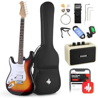 Donner Zestaw gitar elektrycznych dla początkujących leworęcznych 39 cali, przetwornik S-S-H ze wzmacniaczem, torbą, paskiem na ramię, strunami, kablem, kostkami, DST100 Donner Zestaw gitar elektrycznych dla początkujących leworęcznych 39 cali, przetwornik S-S-H ze wzmacniaczem, torbą, paskiem na ramię, strunami, kablem, kostkami, DST100
