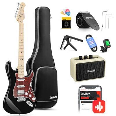 Donner Gitara elektryczna, zestaw do gitary elektrycznej 99 cm, rozdzielacz cewki odbiorczej, zestaw startowy do gitary litej ze wzmacniaczem, torbą, akcesoriami, DST-152B, czarna Wzmacniacz z gniazdem słuchawkowym do cichej ćwiczeń, kompletny zestaw Gu Donner Gitara elektryczna, zestaw do gitary elektrycznej 99 cm, rozdzielacz cewki odbiorczej, zestaw startowy do gitary litej ze wzmacniaczem, torbą, akcesoriami, DST-152B, czarna Wzmacniacz z gniazdem słuchawkowym do cichej ćwiczeń, kompletny zestaw Gu