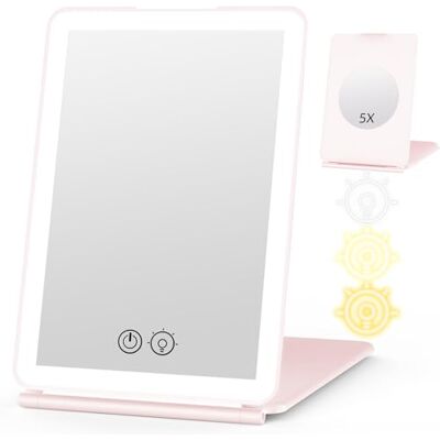 WEILY Podświetlane lustro do makijażu, 5 x podświetlane lustro powiększające, 3 zmienne kolory ekran dotykowy, lustro LED, USB z możliwością ładowania, toaletka w podróży (różowe) WEILY Podświetlane lustro do makijażu, 5 x podświetlane lustro powiększające, 3 zmienne kolory ekran dotykowy, lustro LED, USB z możliwością ładowania, toaletka w podróży (różowe)
