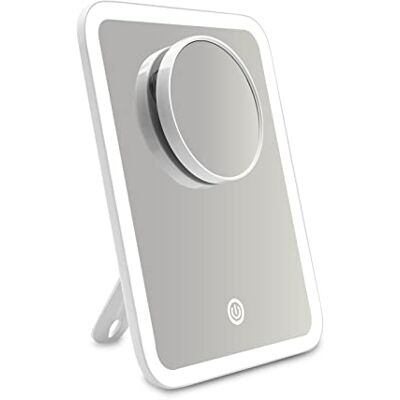 EMKE świecące lusterko do makijażu, lusterko stołowe z przenośnym ekranem dotykowym, ściemnialne lustro z kablem USB, świecące lustro toaletkowe do makijażu i golenia, białe lustro LED EMKE świecące lusterko do makijażu, lusterko stołowe z przenośnym ekranem dotykowym, ściemnialne lustro z kablem USB, świecące lustro toaletkowe do makijażu i golenia, białe lustro LED