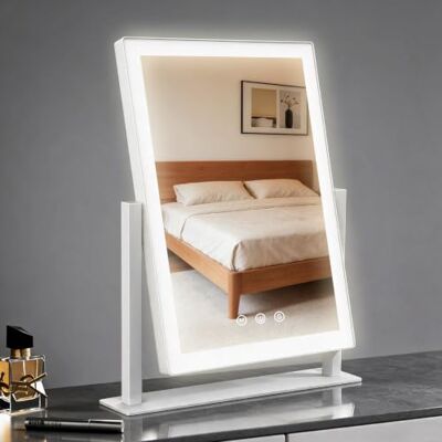 AIMAX Lusterko do makijażu z oświetleniem, 27,5 x 37,5 cm, obrót o 360°, lusterko kosmetyczne z diodami LED, 3 tryby świecenia i ściemnianie, sterowanie dotykowe, lustro stołowe do toaletki, białe AIMAX Lusterko do makijażu z oświetleniem, 27,5 x 37,5 cm, obrót o 360°, lusterko kosmetyczne z diodami LED, 3 tryby świecenia i ściemnianie, sterowanie dotykowe, lustro stołowe do toaletki, białe