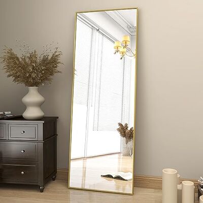 Koonmi Lustro podłogowe, 52 x 161 cm, pełna długość z minimalistyczną aluminiową ramą, duże nowoczesne lustro ścienne do postawienia lub zawieszenia do salonu i sypialni, złote Koonmi Lustro podłogowe, 52 x 161 cm, pełna długość z minimalistyczną aluminiową ramą, duże nowoczesne lustro ścienne do postawienia lub zawieszenia do salonu i sypialni, złote