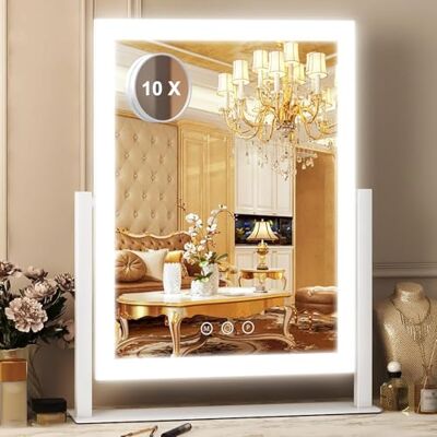 SURFOU Lusterko kosmetyczne z oświetleniem, 27 x 37 cm, z 12 lampkami LED, obracane o 360° lustro stołowe z portem USB i 5-krotnym powiększeniem, 3 tryby świecenia i ściemnianie, sterowanie dotykowe SURFOU Lusterko kosmetyczne z oświetleniem, 27 x 37 cm, z 12 lampkami LED, obracane o 360° lustro stołowe z portem USB i 5-krotnym powiększeniem, 3 tryby świecenia i ściemnianie, sterowanie dotykowe