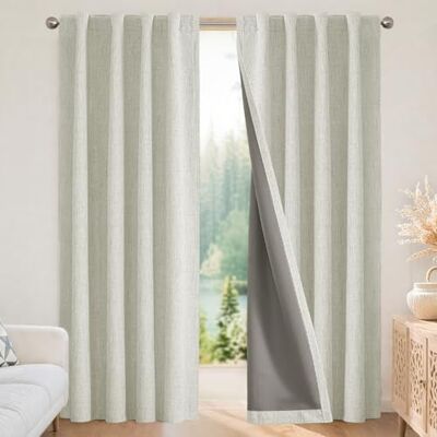 Joydeco Zestaw zasłon Burg do sypialni i salonu, lniane, w 100% zaciemniające, izolacja termiczna, tylna zakładka, kieszeń na karnisz, 95 x (dł.) 180 cm, 2 panele, jasnobeżowe Joydeco Zestaw zasłon Burg do sypialni i salonu, lniane, w 100% zaciemniające, izolacja termiczna, tylna zakładka, kieszeń na karnisz, 95 x (dł.) 180 cm, 2 panele, jasnobeżowe