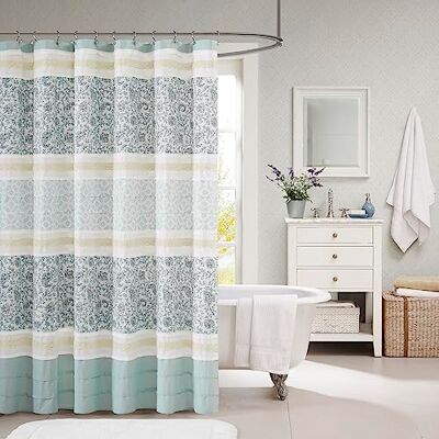Madison Park Dawn Nowoczesna zasłona prysznicowa z tkaniny bawełnianej, wzór w domku/wiejskim zasłony prysznicowe do łazienki, 182 x 182, niebieskie Madison Park Dawn Nowoczesna zasłona prysznicowa z tkaniny bawełnianej, wzór w domku/wiejskim zasłony prysznicowe do łazienki, 182 x 182, niebieskie