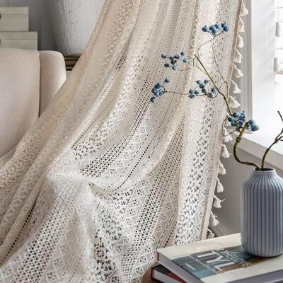 JOOJA 2 panele boho przezroczyste zasłony szydełkowane vintage bawełniane frędzle zasłony okienne do sypialni salonu (szydełkowane beżowe, 140 x 160 cm) JOOJA 2 panele boho przezroczyste zasłony szydełkowane vintage bawełniane frędzle zasłony okienne do sypialni salonu (szydełkowane beżowe, 140 x 160 cm)