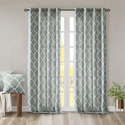 Madison Park Saratoga pojedyncza zasłona okienna, filtrowanie światła, nadruk fretwork, 1 panel, przelotka u góry, zasłona do salonu, sypialni i akademika, 50 x 95 cm, piana morska/biała Madison Park Saratoga pojedyncza zasłona okienna, filtrowanie światła, nadruk fretwork, 1 panel, przelotka u góry, zasłona do salonu, sypialni i akademika, 50 x 95 cm, piana morska/biała