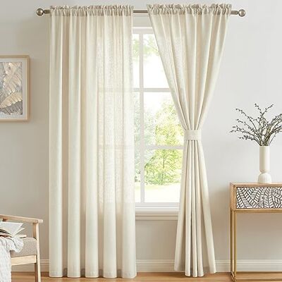Melodieux Zasłony beżowe, przezroczyste, o wyglądzie lnu, firanki woal, do salonu, sypialni, zestaw 2 sztuk, 245 x 140 cm Melodieux Zasłony beżowe, przezroczyste, o wyglądzie lnu, firanki woal, do salonu, sypialni, zestaw 2 sztuk, 245 x 140 cm