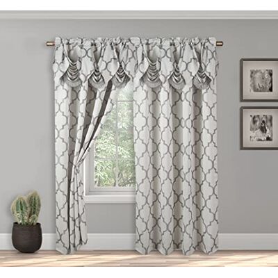 Elegant Comfort Zestaw paneli zasłon o wyglądzie żakardu z dołączoną falbaną wodospadową, 137 x 213 cm, wzór czterolistny, srebrno-szary Elegant Comfort Zestaw paneli zasłon o wyglądzie żakardu z dołączoną falbaną wodospadową, 137 x 213 cm, wzór czterolistny, srebrno-szary