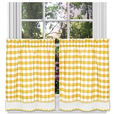 ACHIM Home Furnishings, Żółto-biała kurtyna okienna w kratkę bawół, para poziomów, 147 cm x 91 cm ACHIM Home Furnishings, Żółto-biała kurtyna okienna w kratkę bawół, para poziomów, 147 cm x 91 cm