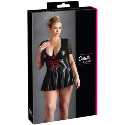 COTTELLI Collection Plus uwodzicielska mini sukienka ze sznurowaniem, krótka sukienka w stylu wetlook, z koronkową wstawką, jednoczęściowa z erotycznym, głębokim dekoltem, czarna COTTELLI Collection Plus uwodzicielska mini sukienka ze sznurowaniem, krótka sukienka w stylu wetlook, z koronkową wstawką, jednoczęściowa z erotycznym, głębokim dekoltem, czarna