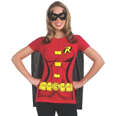 Rubie's Oficjalny zestaw koszulek DC Comic Robin, zestaw kostiumowy dla dorosłych, koszulka, peleryna i maska na oczy, rozmiar damski, rozmiar XL, Halloween Rubie's Oficjalny zestaw koszulek DC Comic Robin, zestaw kostiumowy dla dorosłych, koszulka, peleryna i maska na oczy, rozmiar damski, rozmiar XL, Halloween