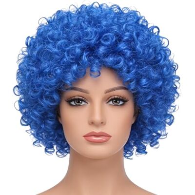 SHATCHI Peruka afro, kręcone włosy, na imprezy kostiumowe, akcesoria dyskotekowe, unisex, lata 60., 70., 80., niebieska SHATCHI Peruka afro, kręcone włosy, na imprezy kostiumowe, akcesoria dyskotekowe, unisex, lata 60., 70., 80., niebieska