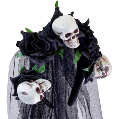 W WIDMANN MILANO Party Fashion welon ślubny w stylu Dia de los Muertos Opaska do włosów z czarną tiulową woalką, czaszkami i czarnymi różami dodatek do kostiumu na Halloween W WIDMANN MILANO Party Fashion welon ślubny w stylu Dia de los Muertos Opaska do włosów z czarną tiulową woalką, czaszkami i czarnymi różami dodatek do kostiumu na Halloween