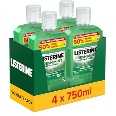 Listerine Fresh Mint (4 x 750 ml), antybakteryjny płyn do płukania jamy ustnej z olejkami eterycznymi zapewnia świeży oddech, płyn do płukania jamy ustnej skutecznie redukuje osad nazębny i nieświeży Listerine Fresh Mint (4 x 750 ml), antybakteryjny płyn do płukania jamy ustnej z olejkami eterycznymi zapewnia świeży oddech, płyn do płukania jamy ustnej skutecznie redukuje osad nazębny i nieświeży