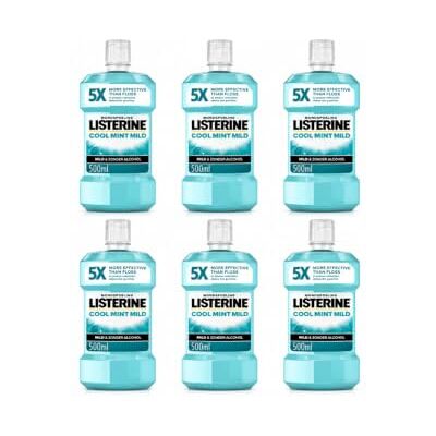 Listerine Cool Mint Extra Milde Smak, płyn do płukania ust bez alkoholu z olejkami eterycznymi, pomaga w usuwaniu bakterii i zapewnia długotrwały świeży oddech, 6 x 500 ml Listerine Cool Mint Extra Milde Smak, płyn do płukania ust bez alkoholu z olejkami eterycznymi, pomaga w usuwaniu bakterii i zapewnia długotrwały świeży oddech, 6 x 500 ml