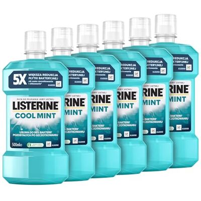 Listerine Cool Mint (6 x 500 ml), Płyn do płukania jamy ustnej z olejkami eterycznymi o smaku miętowym, Skutecznie zwalcza bakterie w jamie ustnej Listerine Cool Mint (6 x 500 ml), Płyn do płukania jamy ustnej z olejkami eterycznymi o smaku miętowym, Skutecznie zwalcza bakterie w jamie ustnej