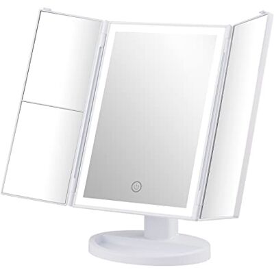 GRIFEMA Lusterko kosmetyczne do makijażu – potrójnie składane lustro stołowe z 32 diodami LED i powiększeniem 3X/2X/1X, ekran dotykowy, obrót o 360°, dwa zasilacze, prezent dla kobiet, białe GRIFEMA Lusterko kosmetyczne do makijażu – potrójnie składane lustro stołowe z 32 diodami LED i powiększeniem 3X/2X/1X, ekran dotykowy, obrót o 360°, dwa zasilacze, prezent dla kobiet, białe