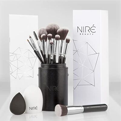 Niré Beauty zestaw pędzli do makijażu, 15-częściowy: wielokrotnie nagradzane wegańskie profesjonalne pędzle z etui, gąbka make up, środek do czyszczenia pędzli, przewodnik i pudełko na prezent Niré Beauty zestaw pędzli do makijażu, 15-częściowy: wielokrotnie nagradzane wegańskie profesjonalne pędzle z etui, gąbka make up, środek do czyszczenia pędzli, przewodnik i pudełko na prezent