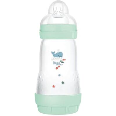 MAM Butelka dla niemowląt Easy Start 2-4 miesiące, 260 ml ze strumieniem smoczka 2 na 2+ miesiące, silikon SkinSoft, Bio-okrągły, zielony MAM Butelka dla niemowląt Easy Start 2-4 miesiące, 260 ml ze strumieniem smoczka 2 na 2+ miesiące, silikon SkinSoft, Bio-okrągły, zielony
