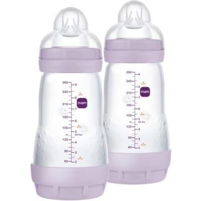 MAM Butelka dla niemowląt Easy Start, 2 butelki dla niemowląt, 2-4 miesiące, 260 ml ze strumieniem smoczka 2 na 2 miesiące, silikonowe SkinSoft, Bio-okrągłe, fioletowe MAM Butelka dla niemowląt Easy Start, 2 butelki dla niemowląt, 2-4 miesiące, 260 ml ze strumieniem smoczka 2 na 2 miesiące, silikonowe SkinSoft, Bio-okrągłe, fioletowe