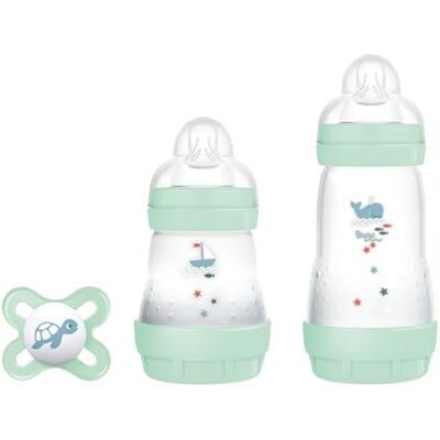MAM Zestaw startowy 2 butelki, 160 ml i 260 ml z silikonową muszką SkinSoftTM, ze smoczkiem Original Start, 0+ miesięcy, niebieski MAM Zestaw startowy 2 butelki, 160 ml i 260 ml z silikonową muszką SkinSoftTM, ze smoczkiem Original Start, 0+ miesięcy, niebieski