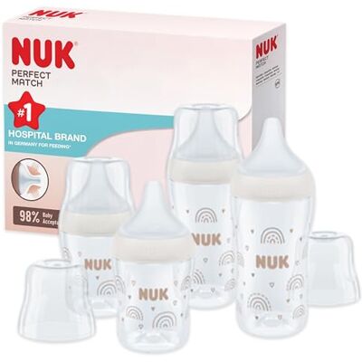 NUK Perfect Match Zestaw butelek dla niemowląt, 3+ miesięcy, pasuje do podniebienia dziecka, kontrola temperatury, odpowietrznik antykolkowy, 150 ml i 260 ml, bez BPA, silikonowy smoczek, tęczowy, 4 NUK Perfect Match Zestaw butelek dla niemowląt, 3+ miesięcy, pasuje do podniebienia dziecka, kontrola temperatury, odpowietrznik antykolkowy, 150 ml i 260 ml, bez BPA, silikonowy smoczek, tęczowy, 4