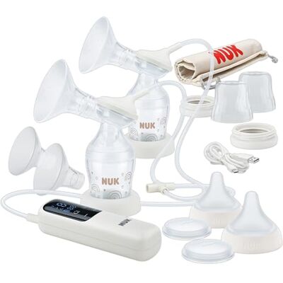 NUK Soft & Easy elektryczna podwójna pompka do mleka nakładki na piersi ze 100% silikonu mała, lekka i cicha praca akumulator do podróży nasadki na piersi 24 mm i 27 mm 2 x Perfect Match NUK Soft & Easy elektryczna podwójna pompka do mleka nakładki na piersi ze 100% silikonu mała, lekka i cicha praca akumulator do podróży nasadki na piersi 24 mm i 27 mm 2 x Perfect Match