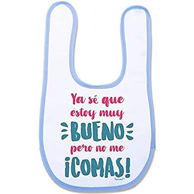 SUPERMOLON 03458 Ya se Que Estoy Molto Bueno Ma No Me Comas śliniaczek dla niemowląt, z rzepem, błękitny, unisex SUPERMOLON 03458 Ya se Que Estoy Molto Bueno Ma No Me Comas śliniaczek dla niemowląt, z rzepem, błękitny, unisex