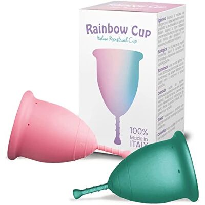Rainbowcup Cup Zestaw 2 Medyczny silikonowy kubek menstruacyjny, Toniczne kubki menstruacyjne o zmiennym kolorze, Rozmiar 2, wyprodukowane we Włoszech, 2 jednostki Rainbowcup Cup Zestaw 2 Medyczny silikonowy kubek menstruacyjny, Toniczne kubki menstruacyjne o zmiennym kolorze, Rozmiar 2, wyprodukowane we Włoszech, 2 jednostki