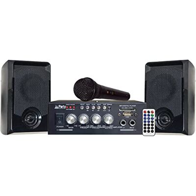 Party Light & Sound PARTY-KA100 Zestaw karaoke z 1 wzmacniaczem (2x50W), 1 mikrofonem i 2 głośnikami (2x50W) USB, Bluetooth i SD Czarny Party Light & Sound PARTY-KA100 Zestaw karaoke z 1 wzmacniaczem (2x50W), 1 mikrofonem i 2 głośnikami (2x50W) USB, Bluetooth i SD Czarny
