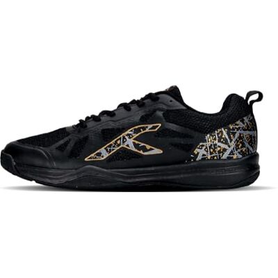 HBFS-3M002-1-11.0 HUNDRED Blade Non-Marking Professional Badminton Shoes for Men Material: TPU, Rubber Suitable for Indoor Tennis, Squash, Table Tennis, Basketball & Padel (Black/Gold, Size: EU 45, UK 11, US 12) HBFS-3M002-1-11.0 HUNDRED Blade Non-Marking Professional Badminton Shoes for Men Material: TPU, Rubber Suitable for Indoor Tennis, Squash, Table Tennis, Basketball & Padel (Black/Gold, Size: EU 45, UK 11, US 12)