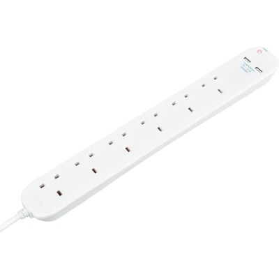 Masterplug BSNU110N 6 gang 1 m przedłużacz przewód z 2 gniazdami USB do ładowania w kolorze białym Masterplug BSNU110N 6 gang 1 m przedłużacz przewód z 2 gniazdami USB do ładowania w kolorze białym