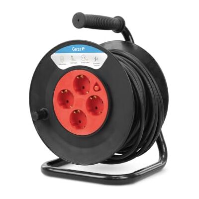 Garza Brico zwijany kabel 25 m, 4 gniazda Schuko, czarny/czerwony Garza Brico zwijany kabel 25 m, 4 gniazda Schuko, czarny/czerwony