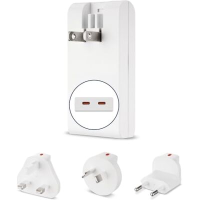 REV Wtyczka podróżna z 2 x USB-C 65 W adapter podróżny na całym świecie (USA, UK, UE, AU, Chiny) szybka ładowarka do smartfonów i tabletów, kompaktowa i płaska, biała REV Wtyczka podróżna z 2 x USB-C 65 W adapter podróżny na całym świecie (USA, UK, UE, AU, Chiny) szybka ładowarka do smartfonów i tabletów, kompaktowa i płaska, biała