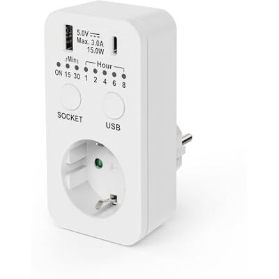 conecto Gniazdko z timerem, gniazdko przełączające, 230 V, USB i USB-C z timerem, programowalne gniazdo sterujące, 2300 W, białe conecto Gniazdko z timerem, gniazdko przełączające, 230 V, USB i USB-C z timerem, programowalne gniazdo sterujące, 2300 W, białe
