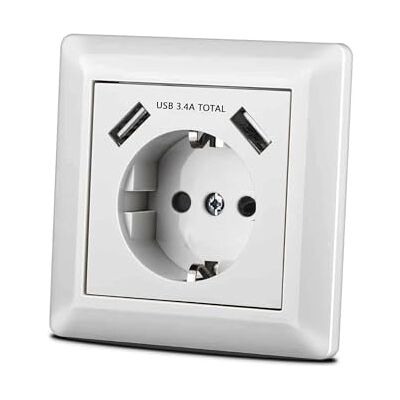 WatioWave Gniazdo wtykowe Schuko typu F z podwójnym portem USB, białe, idealne do ładowania urządzeń elektronicznych w domu lub biurze. WatioWave Gniazdo wtykowe Schuko typu F z podwójnym portem USB, białe, idealne do ładowania urządzeń elektronicznych w domu lub biurze.