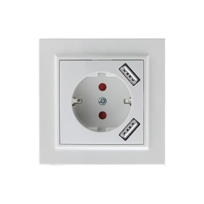 VoltShine Gniazdo wtykowe Schuko typu F z podwójnym portem USB, białe, idealne do ładowania urządzeń w domu lub biurze. VoltShine Gniazdo wtykowe Schuko typu F z podwójnym portem USB, białe, idealne do ładowania urządzeń w domu lub biurze.