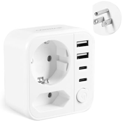 Carehabi Adapter podróżny USA wtyczka amerykańska wtyczka niemiecka z 2 USB C + 2 USB-C, adapter do gniazdka, wtyczka podróżna, adapter prądu do Kanady, Tajlandii, Meksyku Carehabi Adapter podróżny USA wtyczka amerykańska wtyczka niemiecka z 2 USB C + 2 USB-C, adapter do gniazdka, wtyczka podróżna, adapter prądu do Kanady, Tajlandii, Meksyku