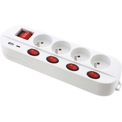 Gefom Listwa zasilająca, biała, 4 x gniazdo 16A+T, 5 przełączników, ładowarka USB C i A, możliwość szybkiego ładowania, kabel 1,5 m Gefom Listwa zasilająca, biała, 4 x gniazdo 16A+T, 5 przełączników, ładowarka USB C i A, możliwość szybkiego ładowania, kabel 1,5 m