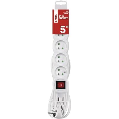 EMOS listwa zasilająca 5 gniazd, 5 m, z wyłącznikiem, gniazda 45°, 250 V 16 A, izolacja PVC 1,5 mm², IP20 do wnętrza, biała EMOS listwa zasilająca 5 gniazd, 5 m, z wyłącznikiem, gniazda 45°, 250 V 16 A, izolacja PVC 1,5 mm², IP20 do wnętrza, biała