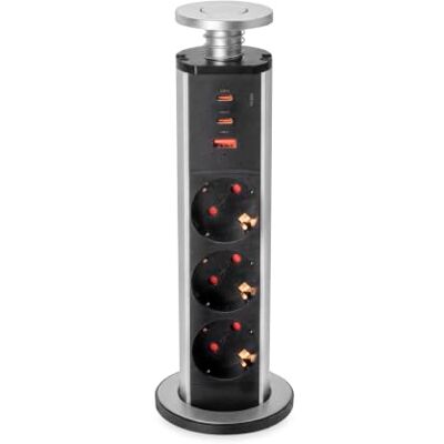 Emuca Listwa zasilająca z gniazdkami wysuwana, 3 Schuko, USB A +C, Metaliczn Emuca Listwa zasilająca z gniazdkami wysuwana, 3 Schuko, USB A +C, Metaliczn