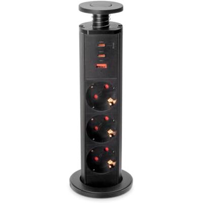 Emuca Listwa zasilająca z gniazdkami wysuwana, 3 Schuko, USB A +C, czarny Emuca Listwa zasilająca z gniazdkami wysuwana, 3 Schuko, USB A +C, czarny