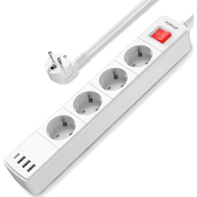 POWSAF Listwa z 4 gniazdami wtykowymi z 4 portami USB o maksymalnej mocy 4000 W i 16 A, w zestawie biała wtyczka USB-C. POWSAF Listwa z 4 gniazdami wtykowymi z 4 portami USB o maksymalnej mocy 4000 W i 16 A, w zestawie biała wtyczka USB-C.