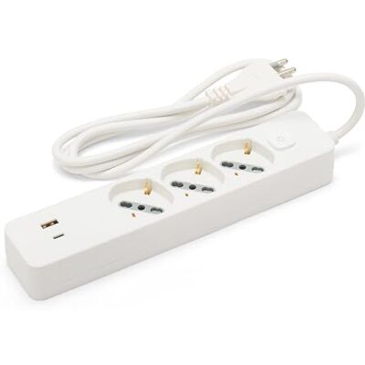 Velamp Włoska listwa zasilająca z dużą wtyczką 16 A, trzema gniazdami Schuko i dwoma portami USB (USB-A i USB-C, maks. 15,5 W). Z przełącznikiem. Kabel 1,5 m. Biały. Velamp Włoska listwa zasilająca z dużą wtyczką 16 A, trzema gniazdami Schuko i dwoma portami USB (USB-A i USB-C, maks. 15,5 W). Z przełącznikiem. Kabel 1,5 m. Biały.