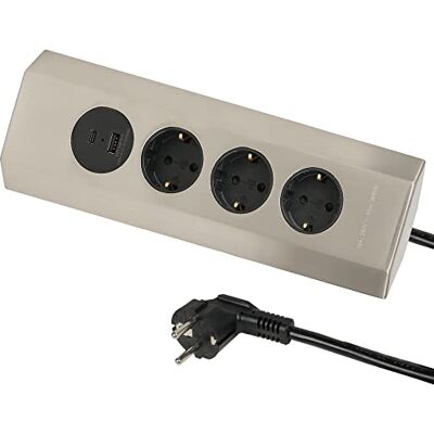 Electraline 62514 Naścienna listwa zasilająca - 3 gniazdka, 2 USB, Stal nierdzewna Electraline 62514 Naścienna listwa zasilająca - 3 gniazdka, 2 USB, Stal nierdzewna