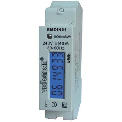 Velleman Profesjonalny licznik kWh, 1-fazowy, do montażu na szynie DIN, z wyświetlaczem LCD i impulsową diodą LED, max. 40 A Velleman Profesjonalny licznik kWh, 1-fazowy, do montażu na szynie DIN, z wyświetlaczem LCD i impulsową diodą LED, max. 40 A